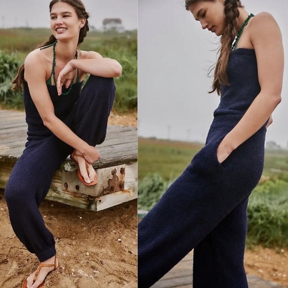 New! Free People FP Beach Claire terry Navy Knit strapless Jumpsuit 20147 - Picture 2 of 12